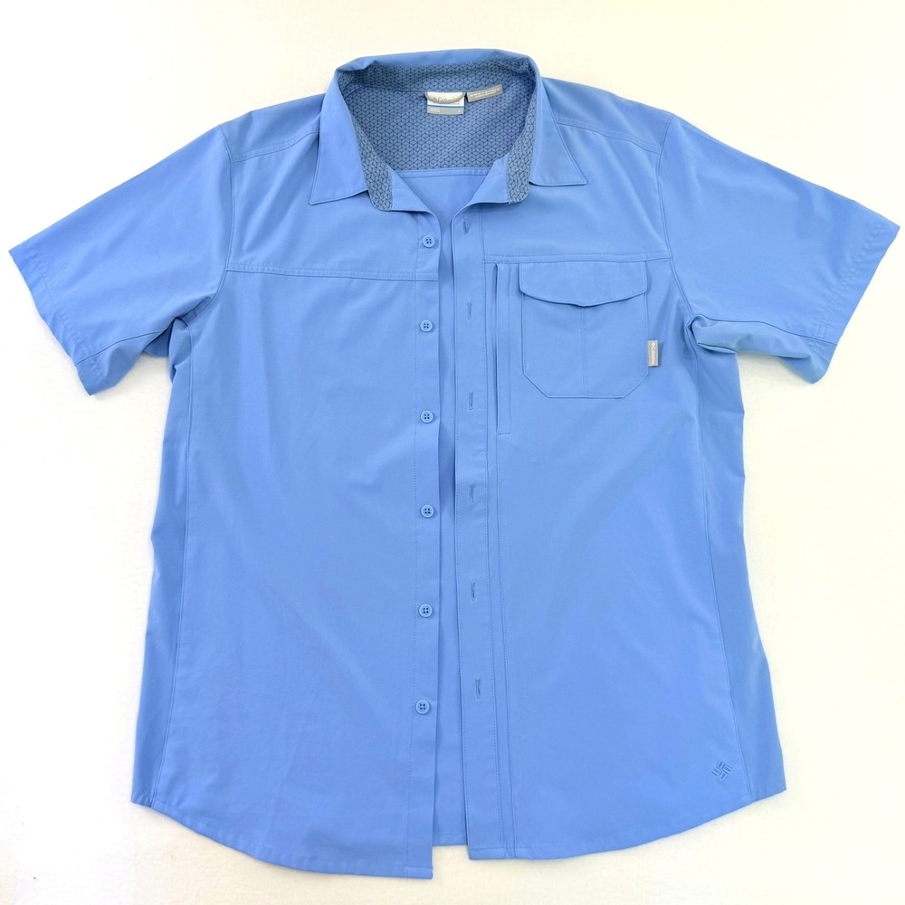 Columbia Mens Omni-Shield Omni-Wick Short Sleeve Fishing Shirt Blue Large AM7077